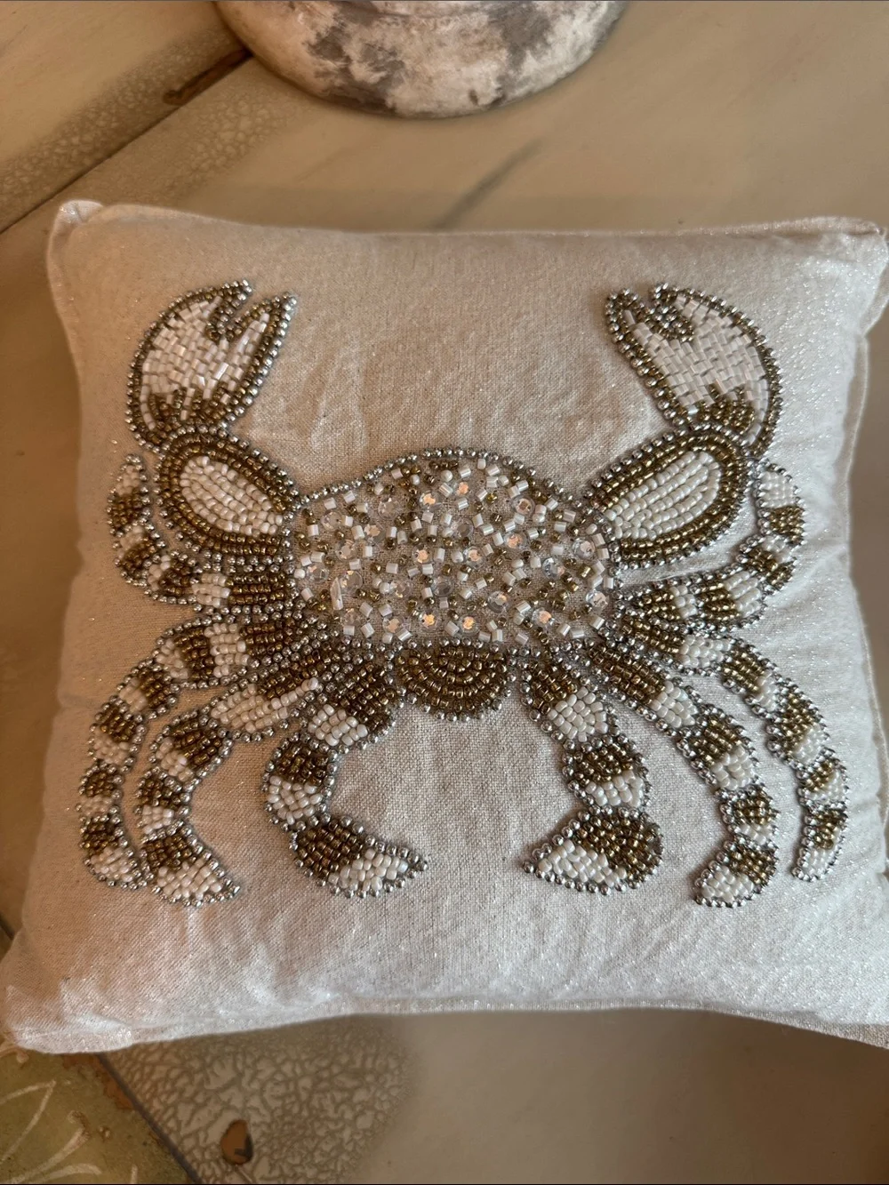 Beaded Crab Decorative Pillow - White and Gold